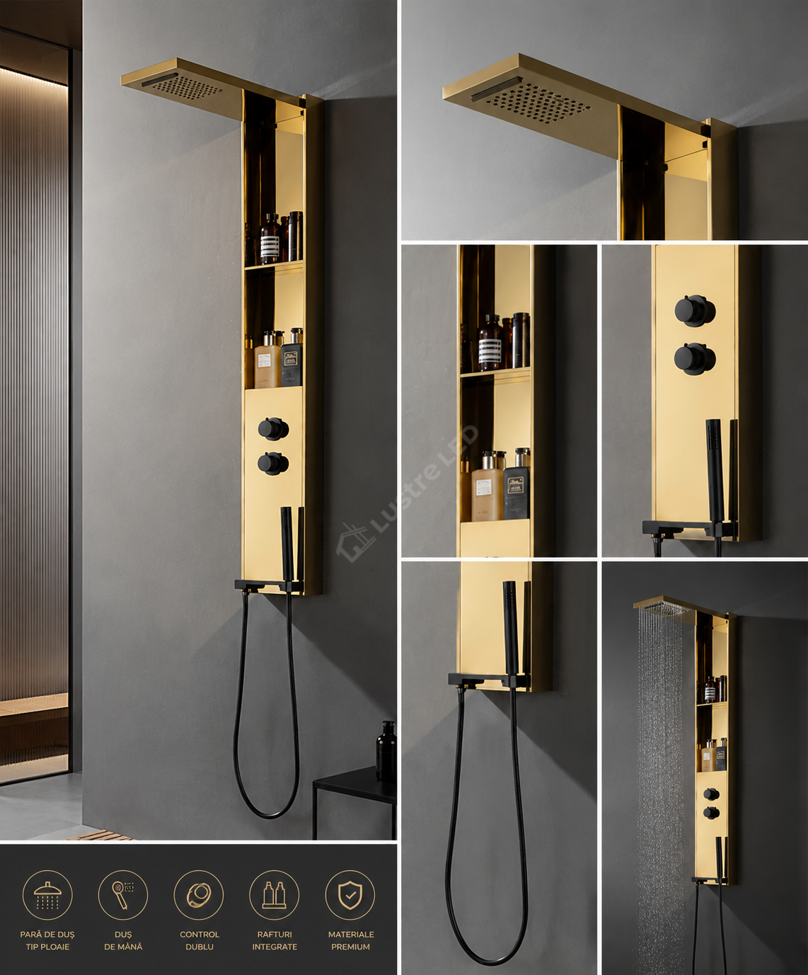 Panou de Dus Premium DualFlow Gold - LED, Cascada si Ploaie, Rafturi