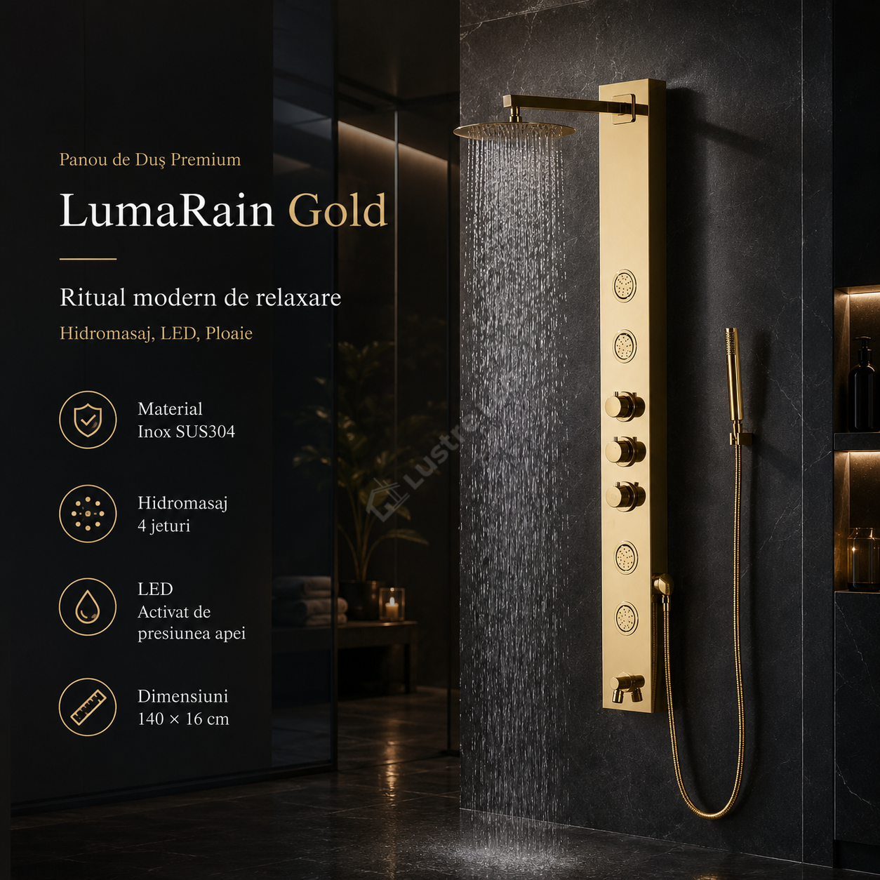 Panou de Dus Premium LumaRain Gold - Hidromasaj, LED, Ploaie