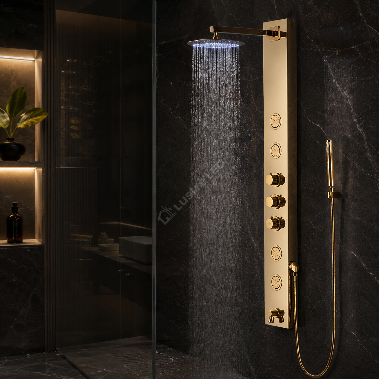 Panou de Dus Premium LumaRain Gold - Hidromasaj, LED, Ploaie
