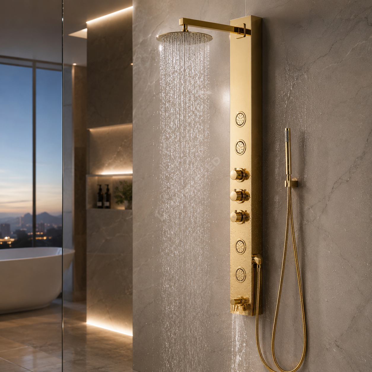Panou de Dus Premium LumaRain Gold - Hidromasaj, LED, Ploaie