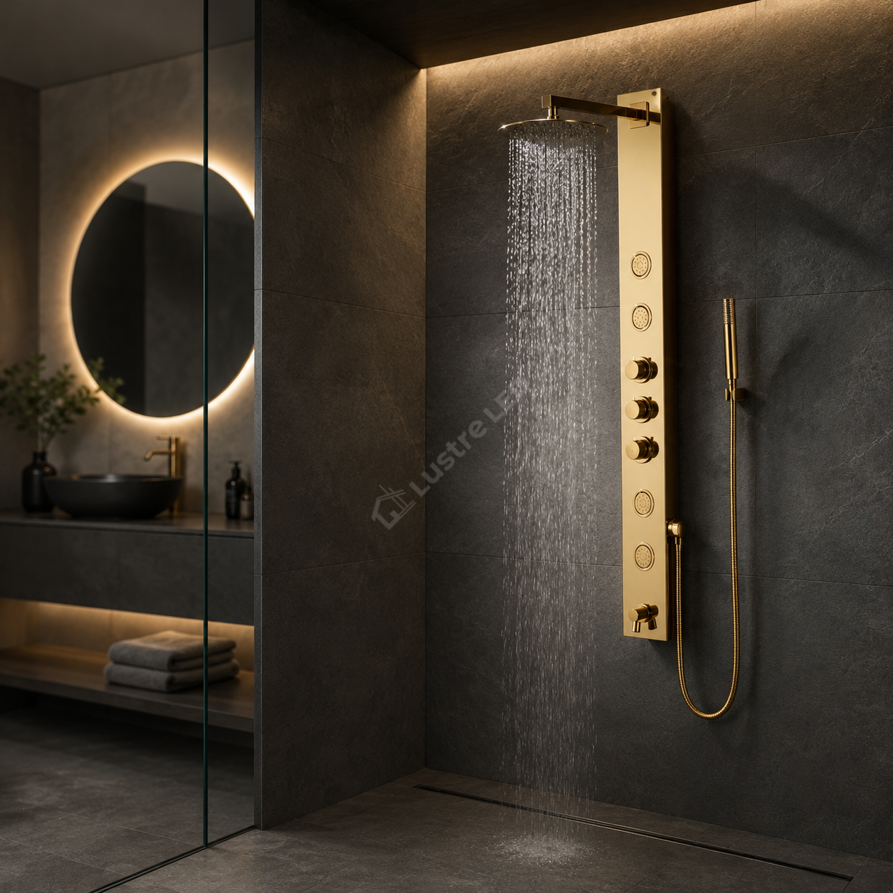 Panou de Dus Premium LumaRain Gold - Hidromasaj, LED, Ploaie