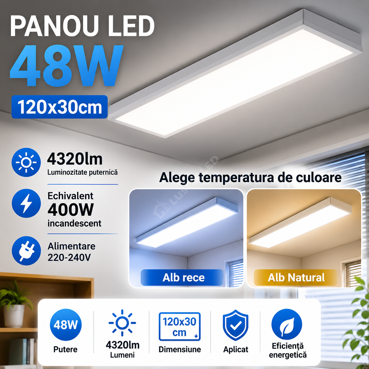 Panou LED 48W 120x30cm, 4320lm Alb Aplicat