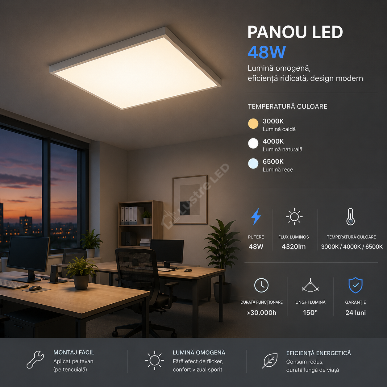 Panou LED 48W 60x60cm Alb Aplicat Echivalent 400W