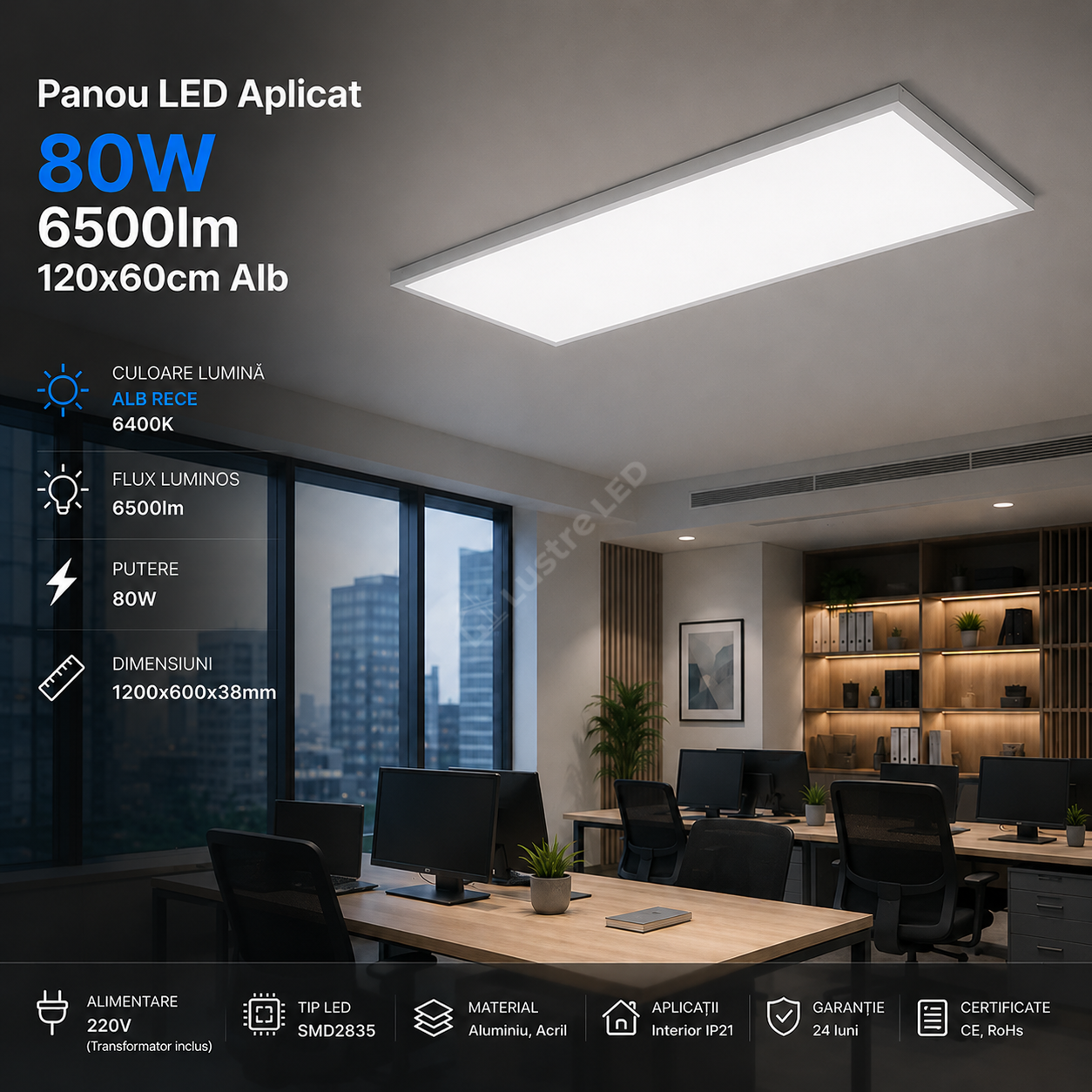 Panou LED 6500lm 120x60cm Alb Aplicat
