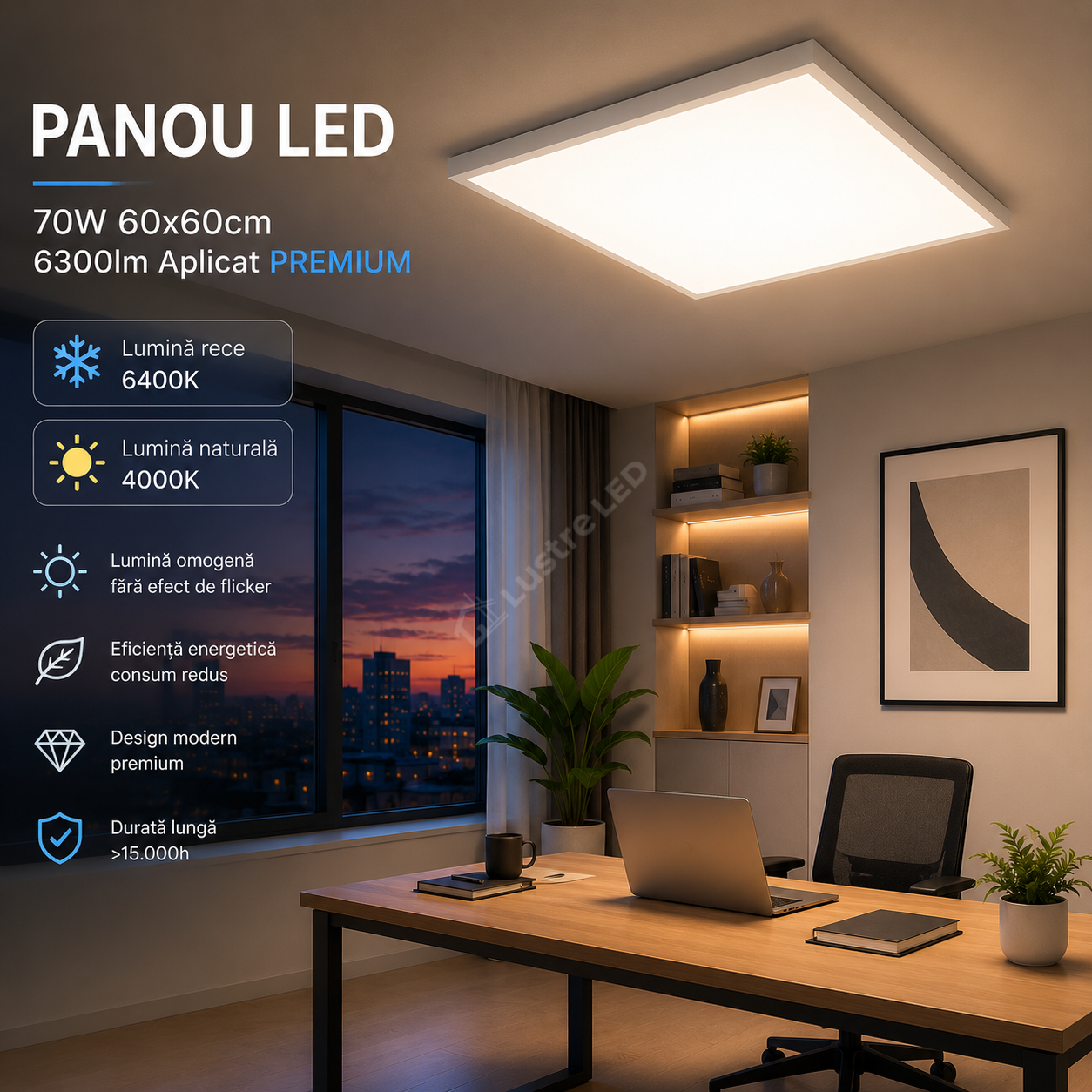 Panou LED 70W 60x60cm, 6300lm Aplicat PREMIUM