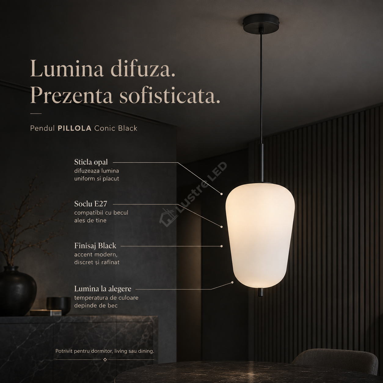 Pendul Abajur Sticla PILLOLA Conic Black 1xE27 cu Abajur 26CM