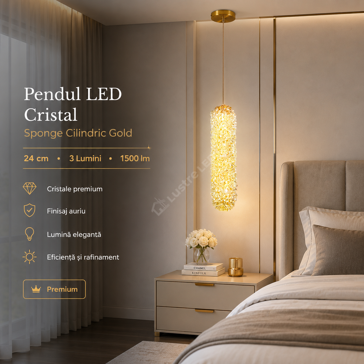 Pendul LED Cristal Sponge Cilindric Gold 25cm