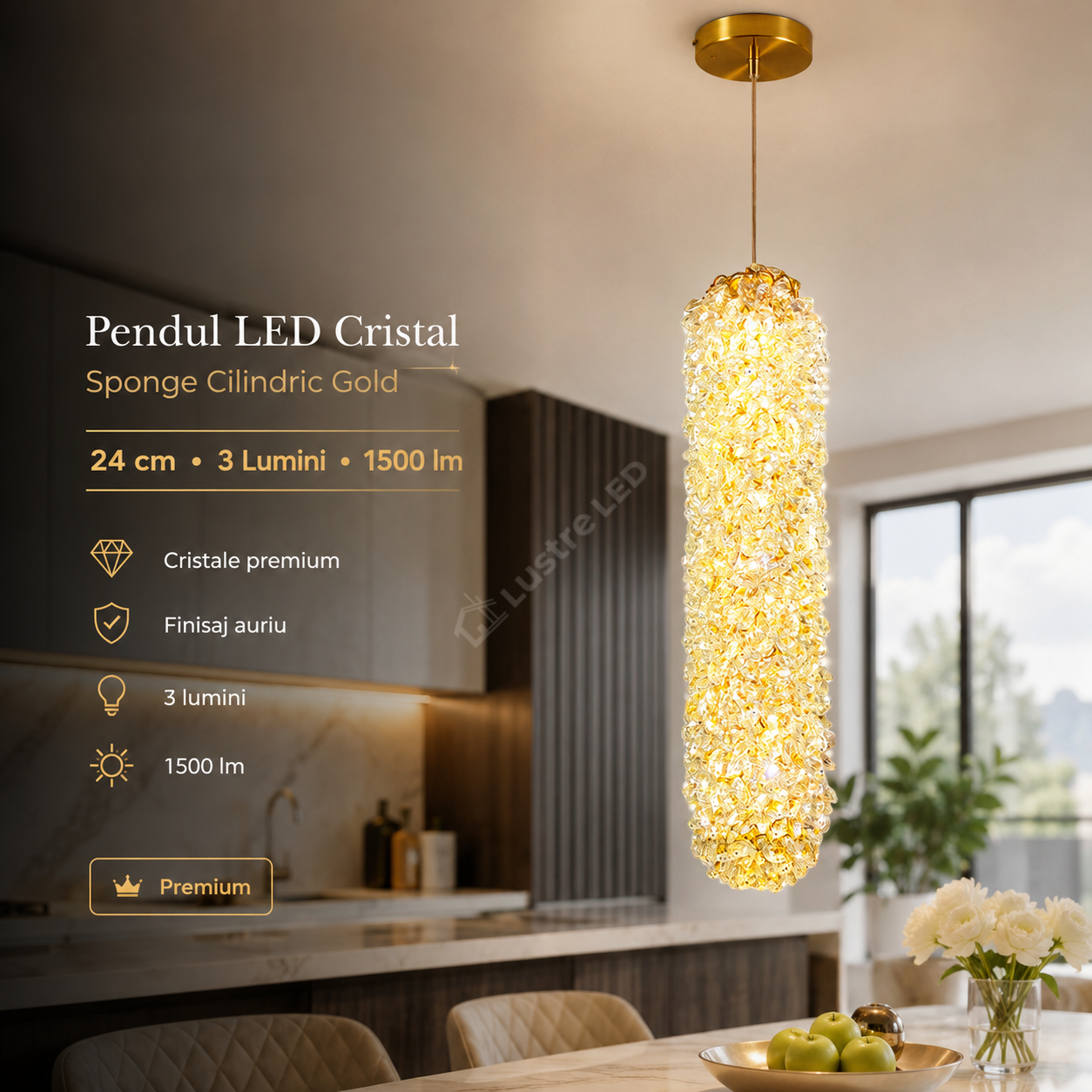 Pendul LED Cristal Sponge Cilindric Gold 25cm