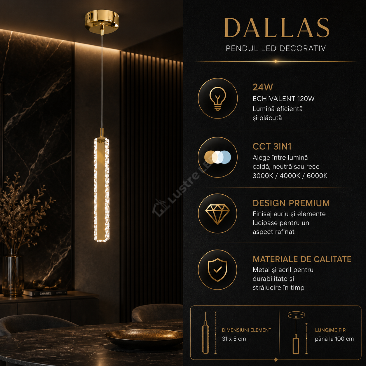 Pendul LED DALLAS Gold 24W CCT Echivalent 120W