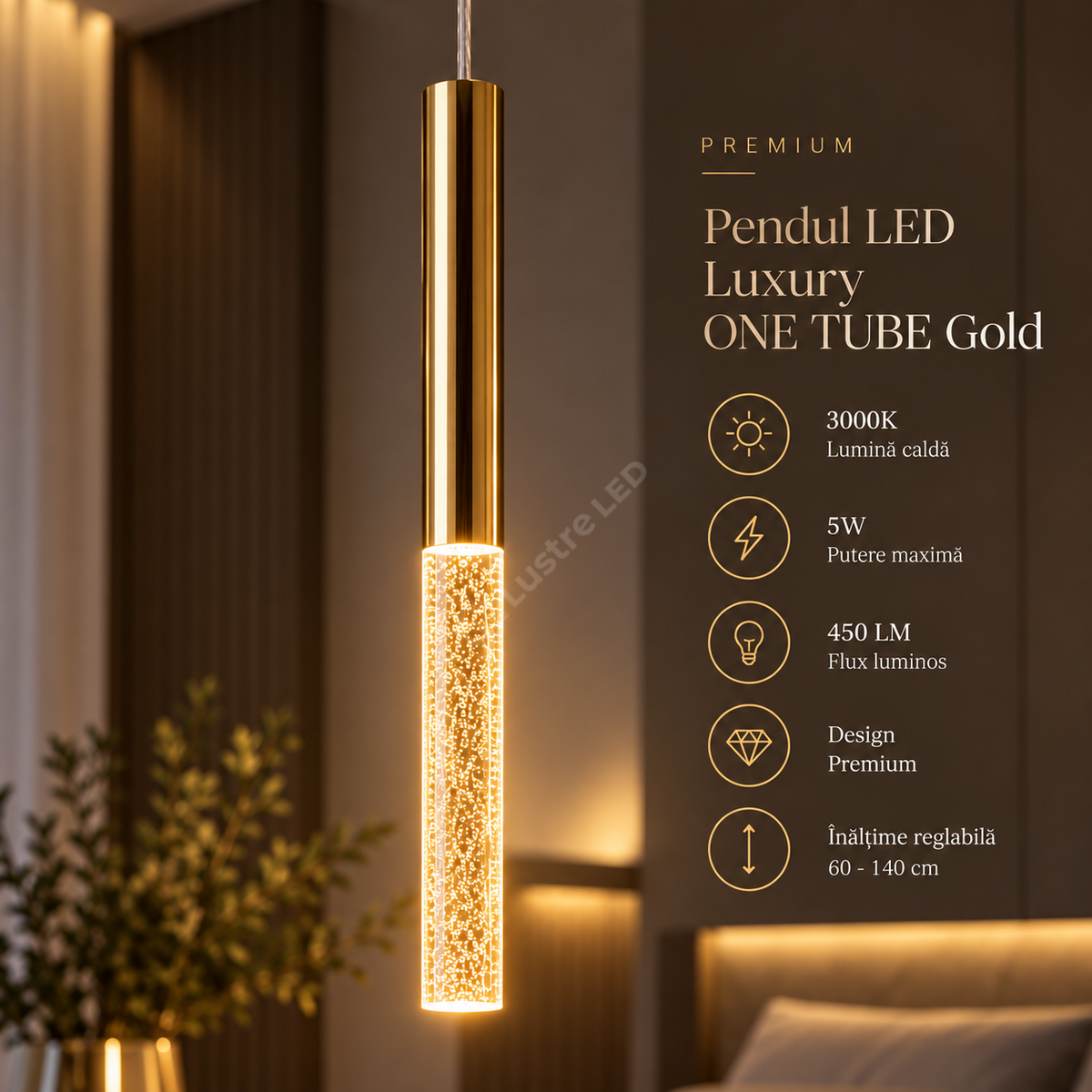 Pendul LED Luxury ONE TUBE Gold 3000K