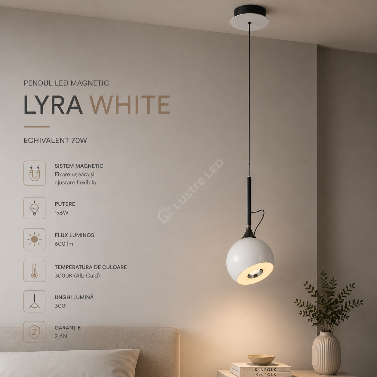 Pendul LED Magnetic LYRA White Echivalent 70W
