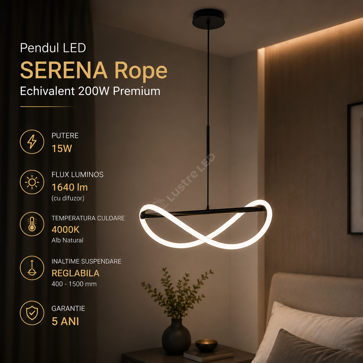 Pendul LED SERENA Rope Echivalent 200W Premium