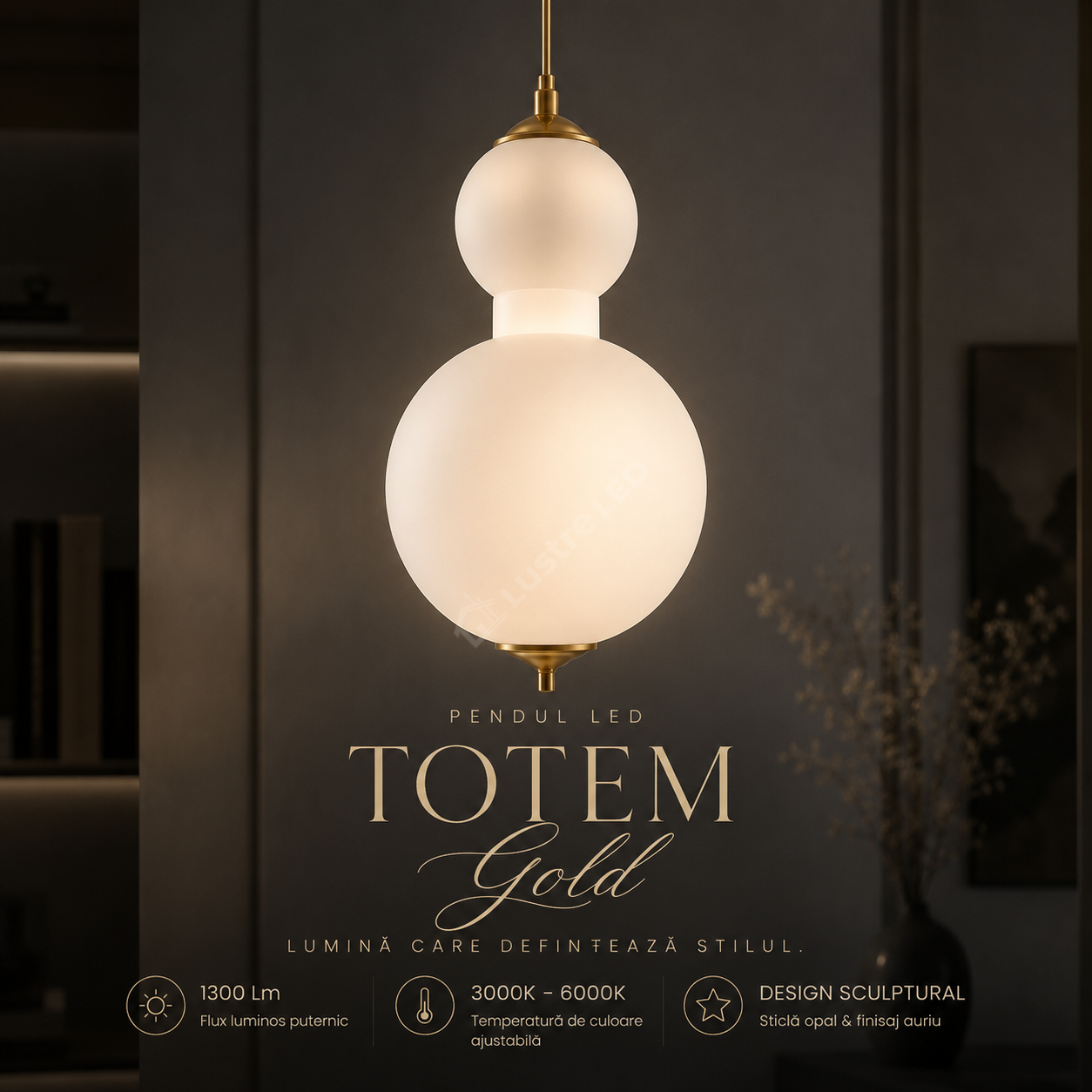 Pendul LED TOTEM Gold cu Abajur 30CM Echivalent 100W