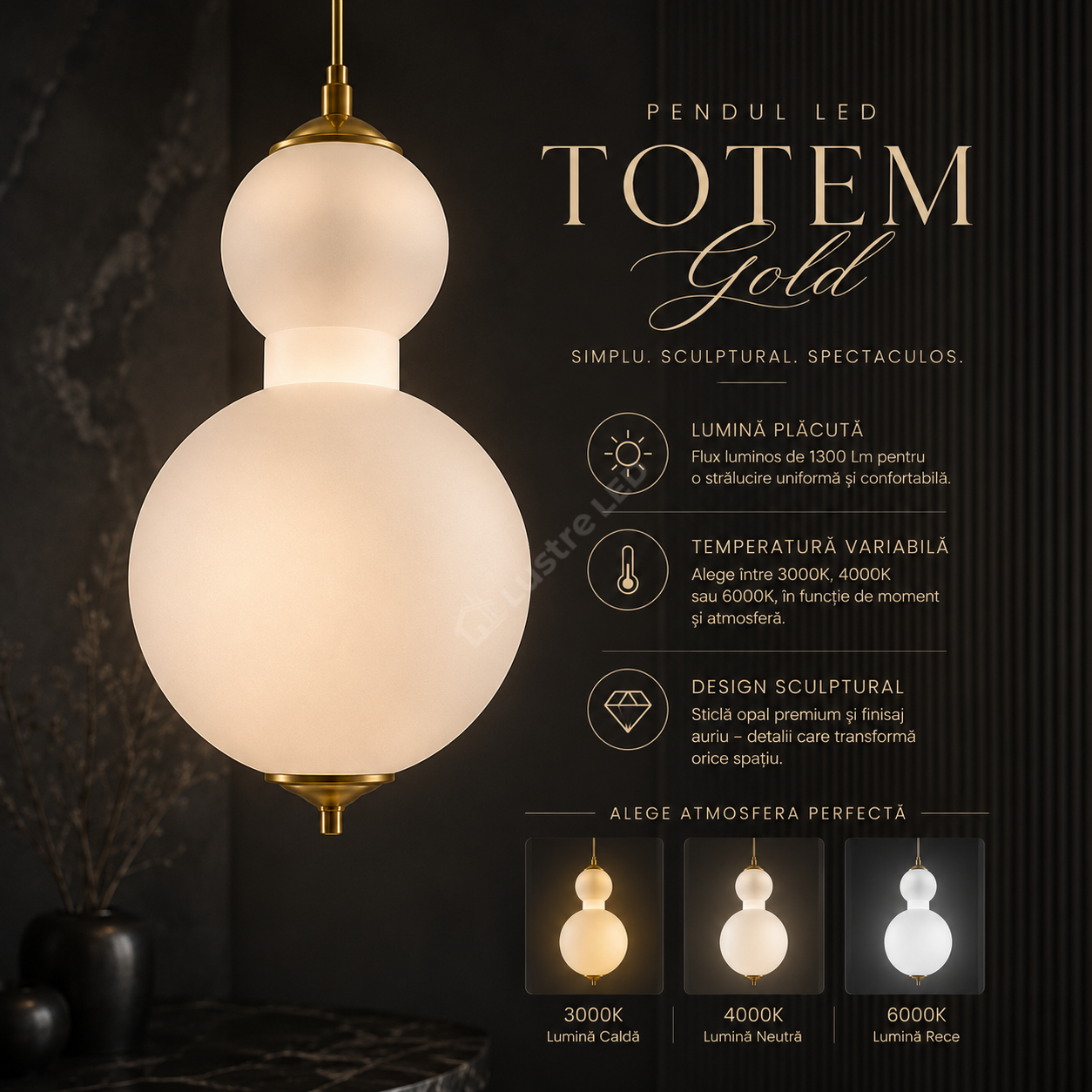 Pendul LED TOTEM Gold cu Abajur 30CM Echivalent 100W