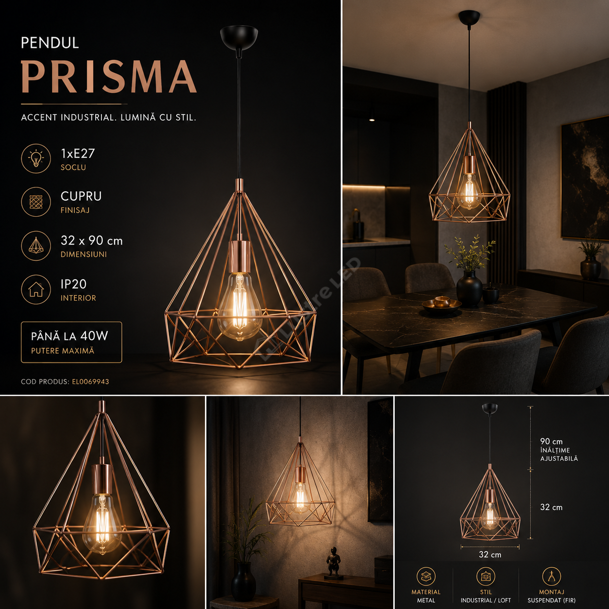 Pendul Vintage PRISMA Copper 1xE27 32CM