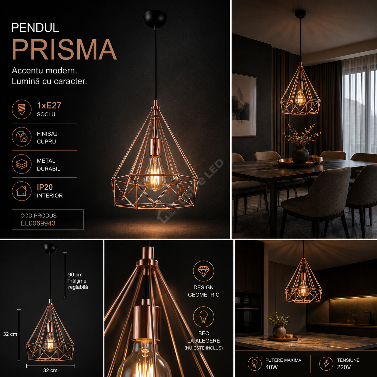 Pendul Vintage PRISMA Copper 1xE27 32CM
