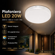 Plafoniera LED 20W 2000lm 28cm 5-CCT IP54 Kit Emergenta + Senzor