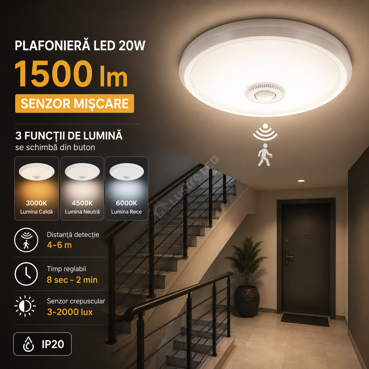 Plafoniera LED 20W Senzor Miscare 1500lm CCT