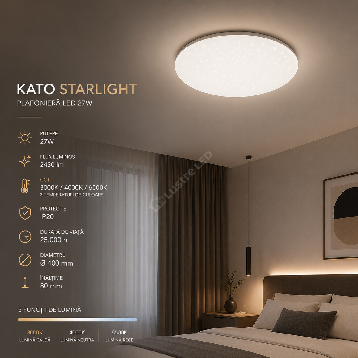 Plafoniera LED 27 KATO Starlight CCT 3Functii de Lumina Echivalent 300W