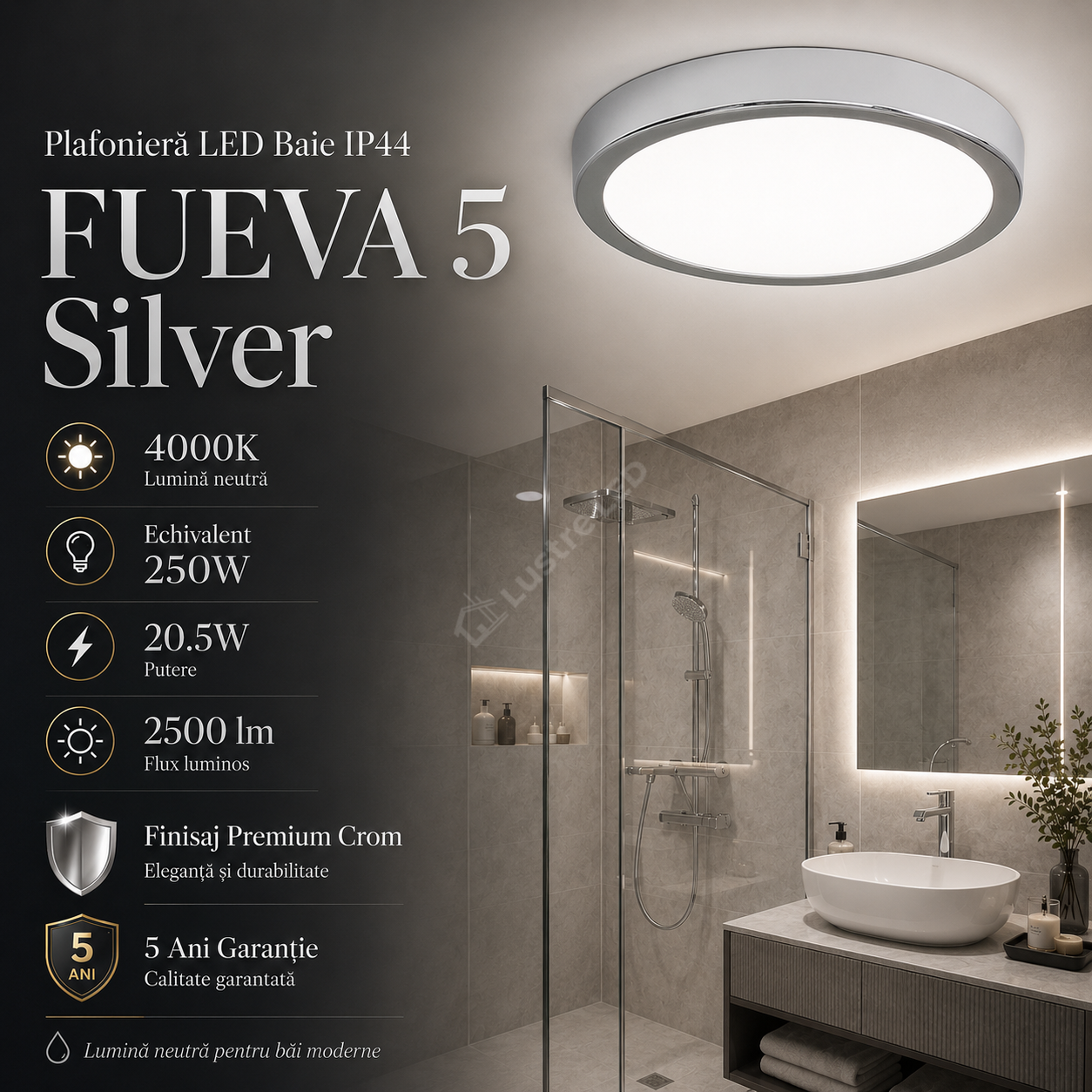 Plafonieră LED Baie 20.5W IP44 FUEVA 5 Silver 4000K Echivalent 250W