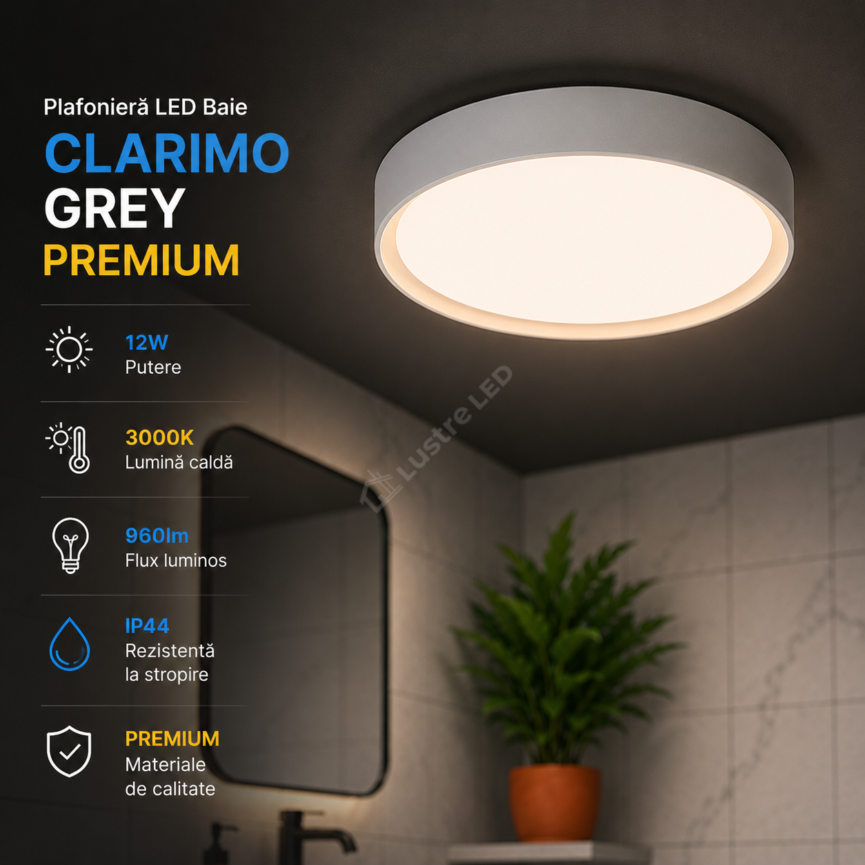 Plafoniera LED Baie IP44 Clarimo Grey 12W 3000K Premium