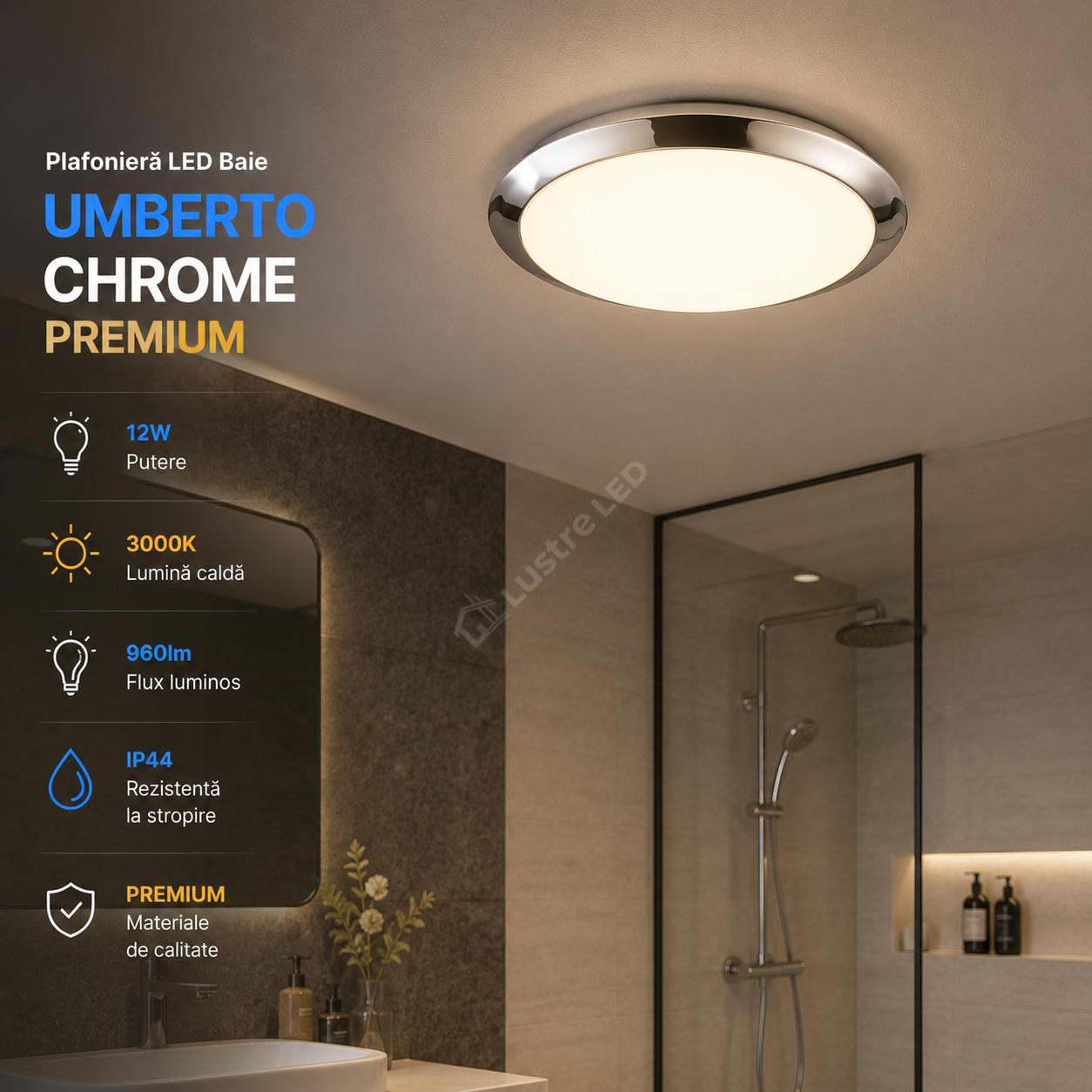 Plafoniera LED Baie IP44 Umberto Chrome 12W 3000K Premium