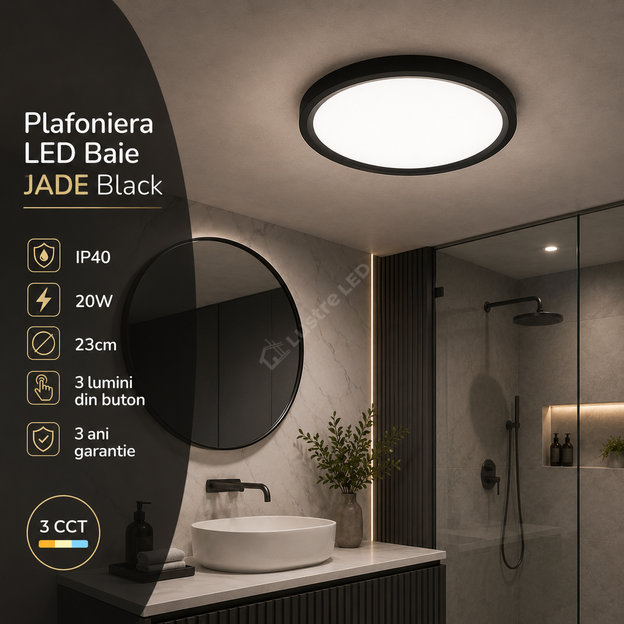 Plafoniera LED Baie JADE Black IP40 20W 23cm 3 Lumini din buton