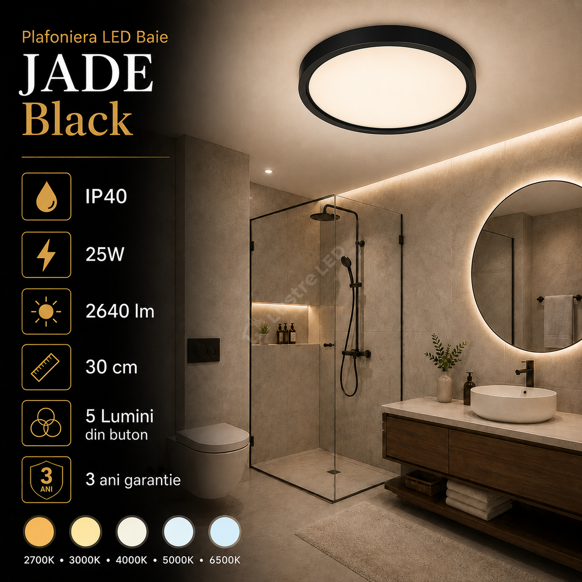 Plafoniera LED Baie JADE Black IP40 25W 30cm 2640 lm 5 Lumini din buton