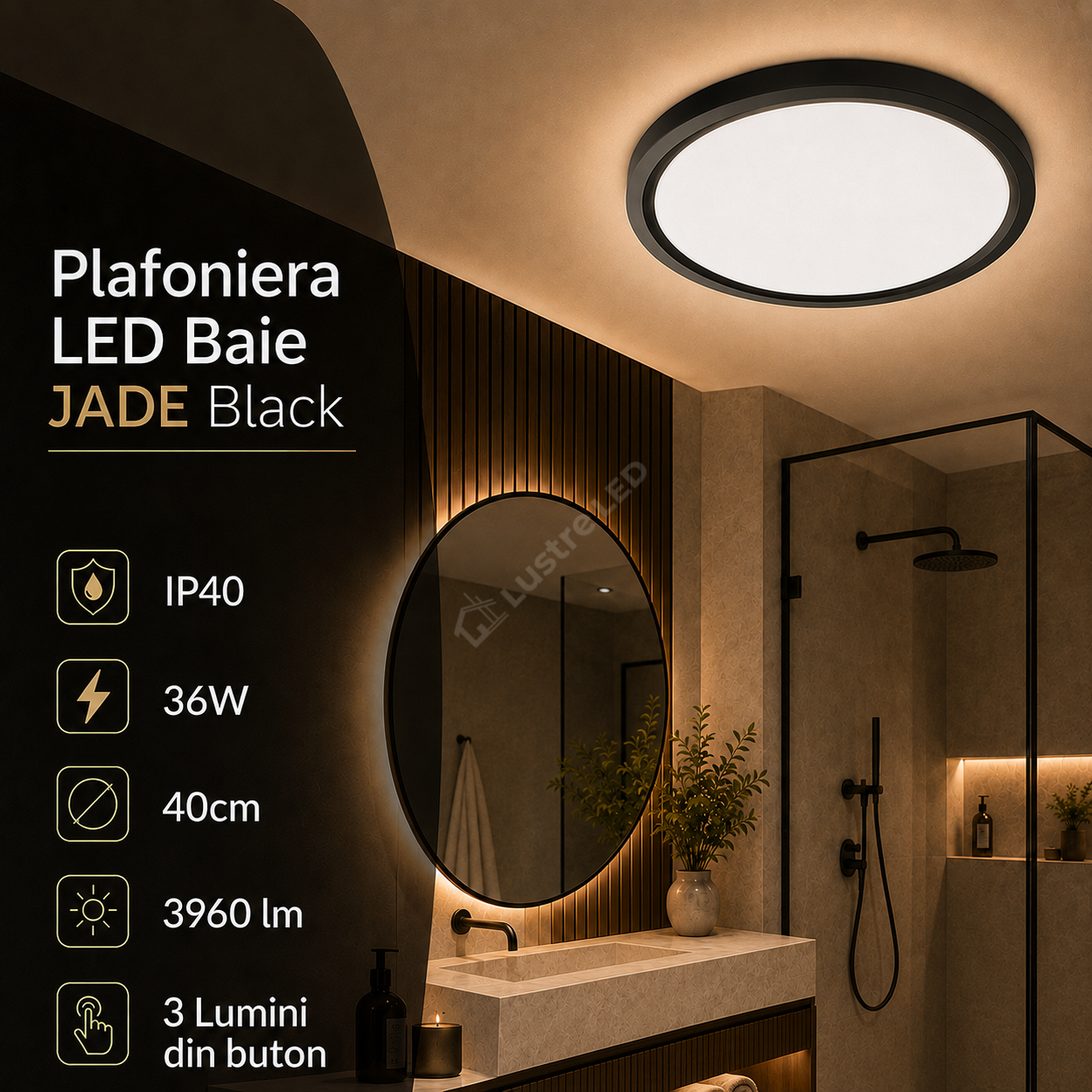 Plafoniera LED Baie JADE Black IP40 36W 40cm 3960 lm 3 Lumini din buton