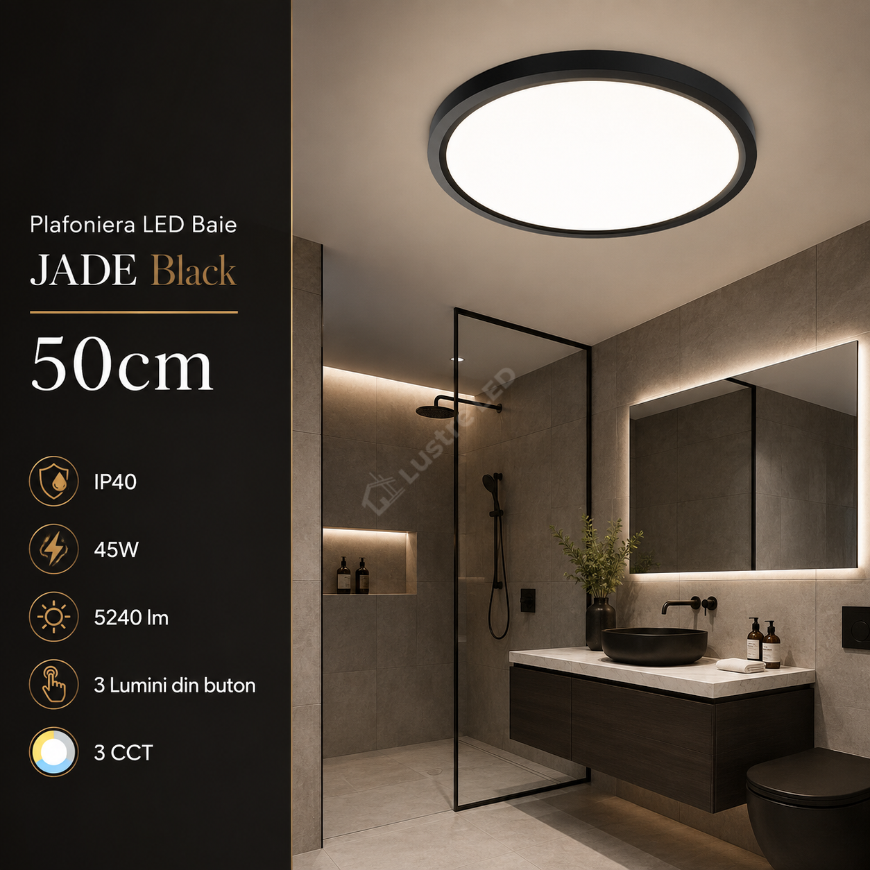 Plafoniera LED Baie JADE Black IP40 45W 50cm 5240 lm 3 Lumini din buton
