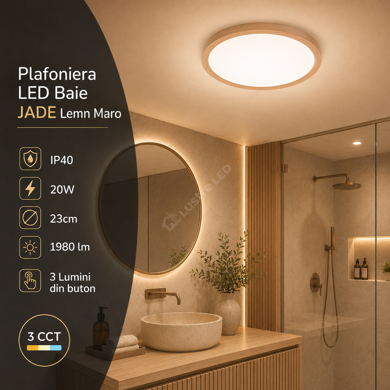 Plafoniera LED Baie JADE Lemn Maro IP40 20W 23cm 1980 lm 3 Lumini din buton
