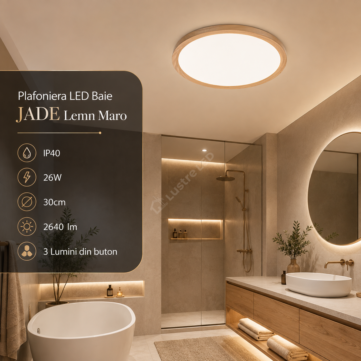 Plafoniera LED Baie JADE Lemn Maro IP40 26W 30cm 2640 lm 3 Lumini din buton