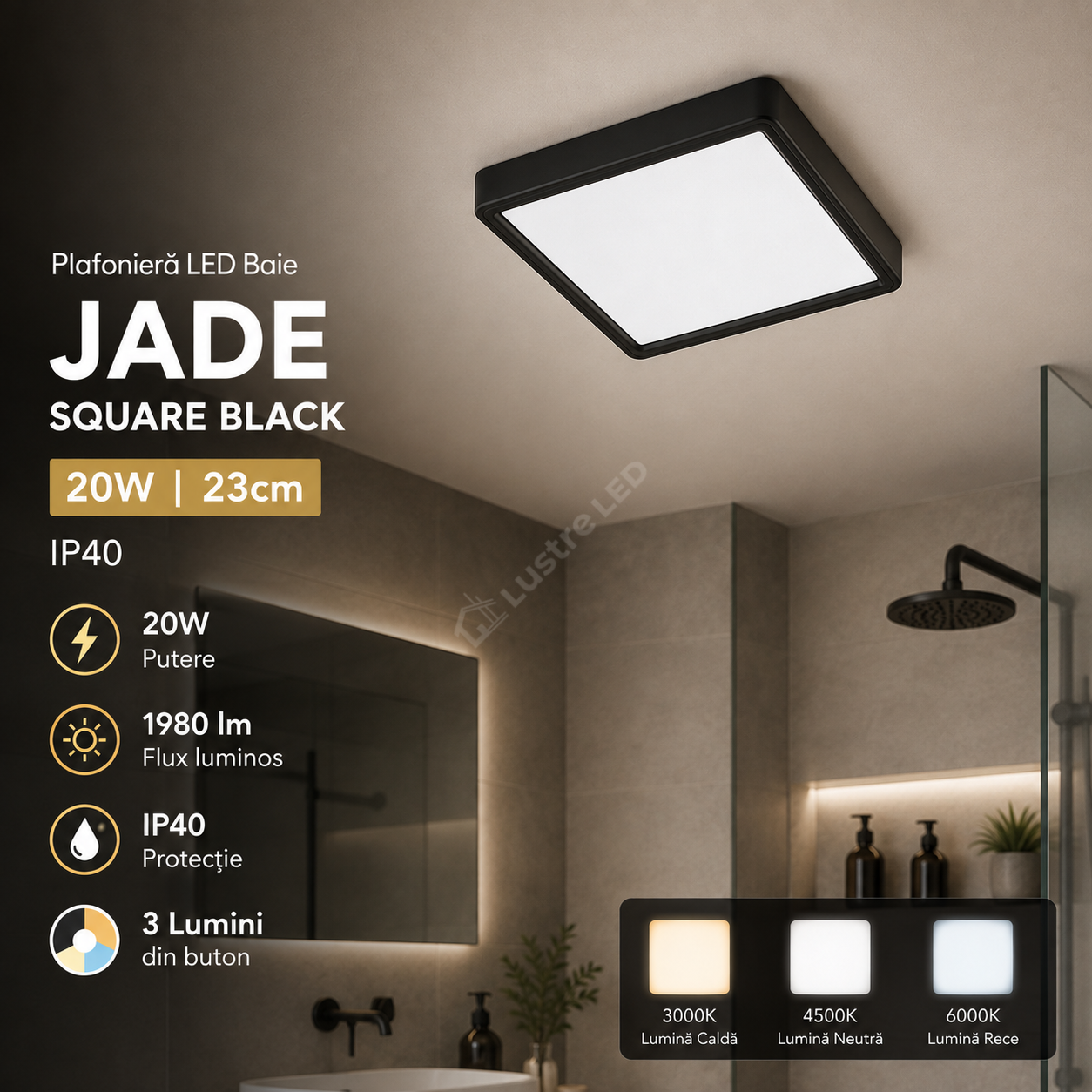 Plafoniera LED Baie JADE Square Black IP40 20W 23cm 1980 lm 3 Lumini din buton
