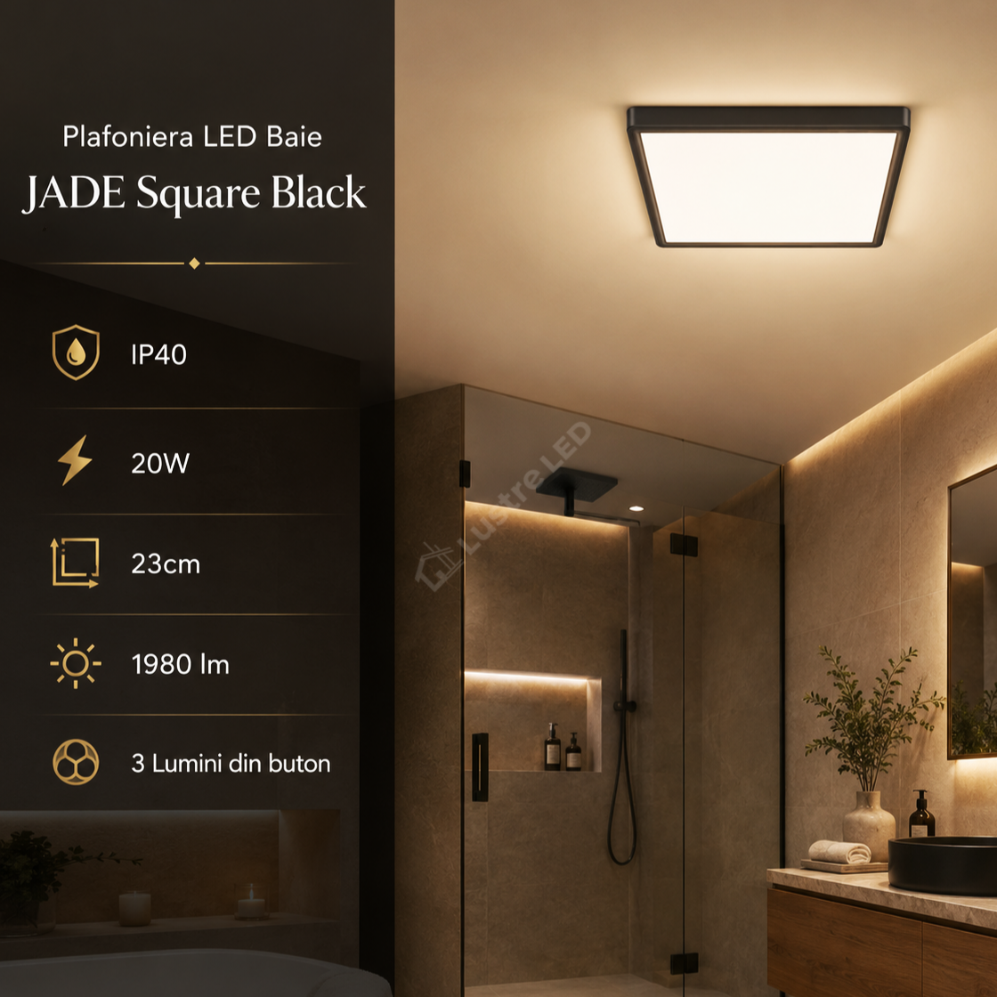 Plafoniera LED Baie JADE Square Black IP40 20W 23cm 1980 lm 3 Lumini din buton