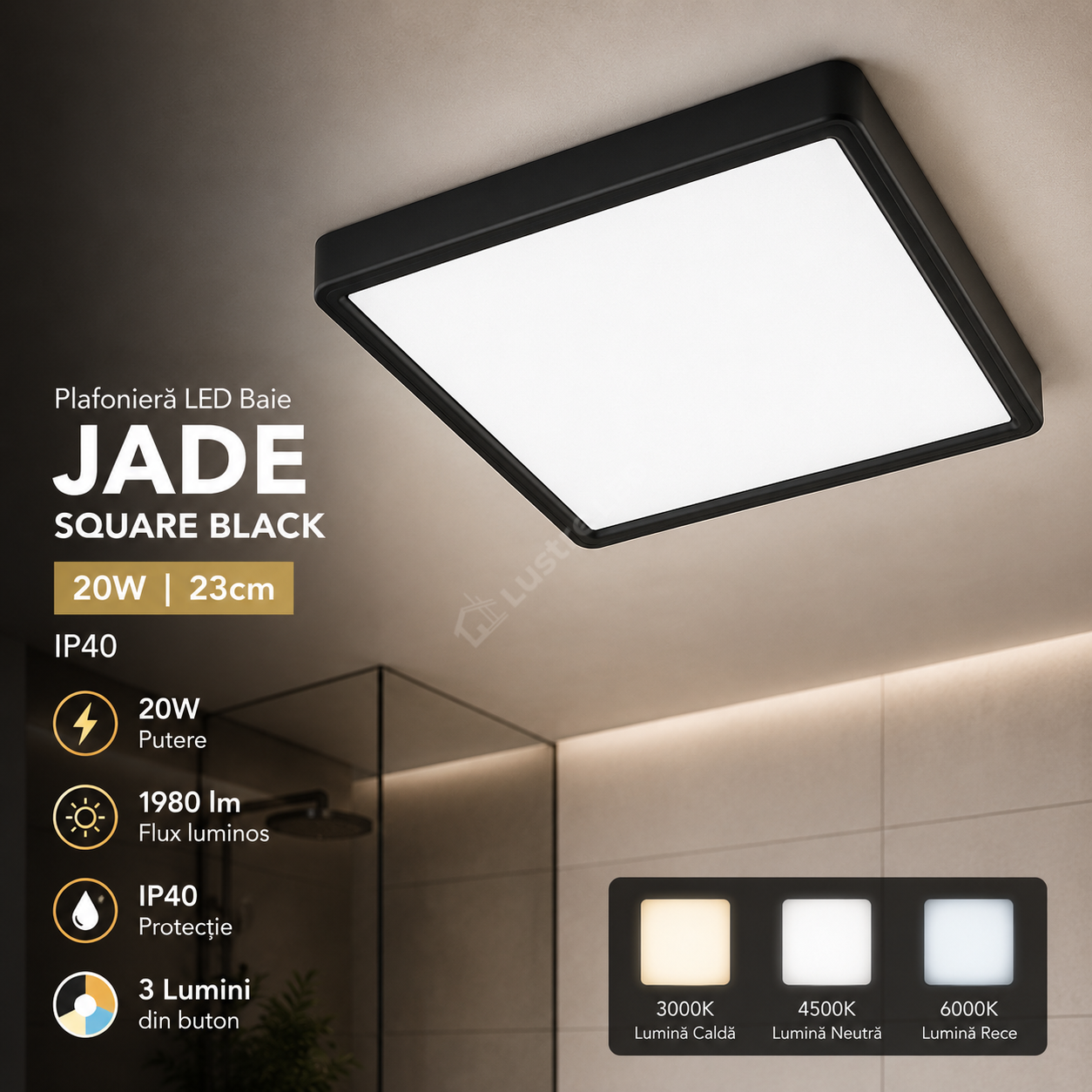 Plafoniera LED Baie JADE Square Black IP40 20W 23cm 1980 lm 3 Lumini din buton
