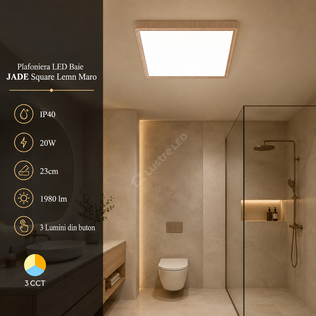 Plafoniera LED Baie JADE Square Lemn Maro IP40 20W 23cm 1980 lm 3 Lumini din buton