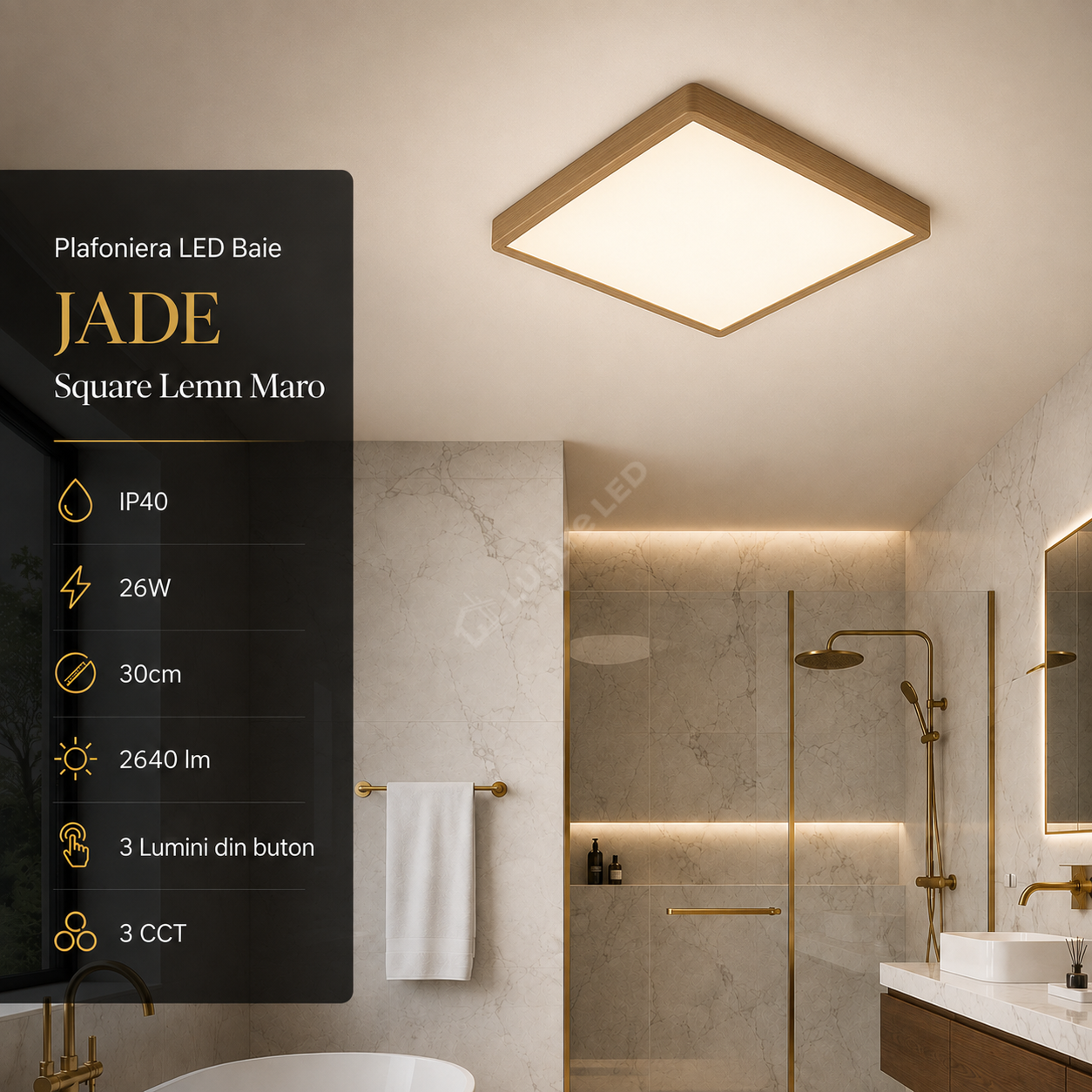 Plafoniera LED Baie JADE Square Lemn Maro IP40 26W 30cm 2640 lm 3 Lumini din buton