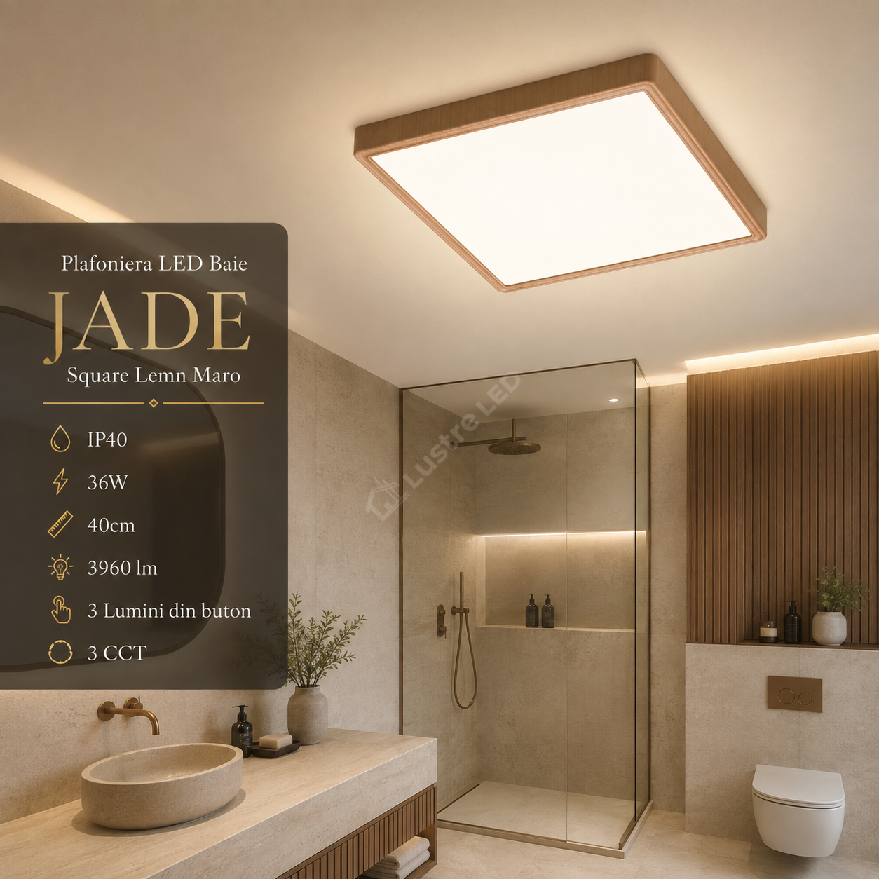 Plafoniera LED Baie JADE Square Lemn Maro IP40 36W 40cm 3960 lm 3 Lumini din buton