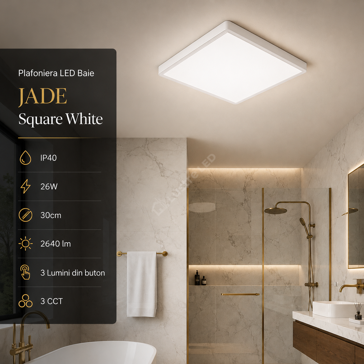 Plafoniera LED Baie JADE Square White IP40 26W 30cm 2640 lm 3 Lumini din buton