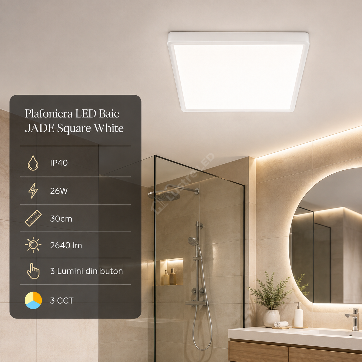 Plafoniera LED Baie JADE Square White IP40 26W 30cm 2640 lm 3 Lumini din buton