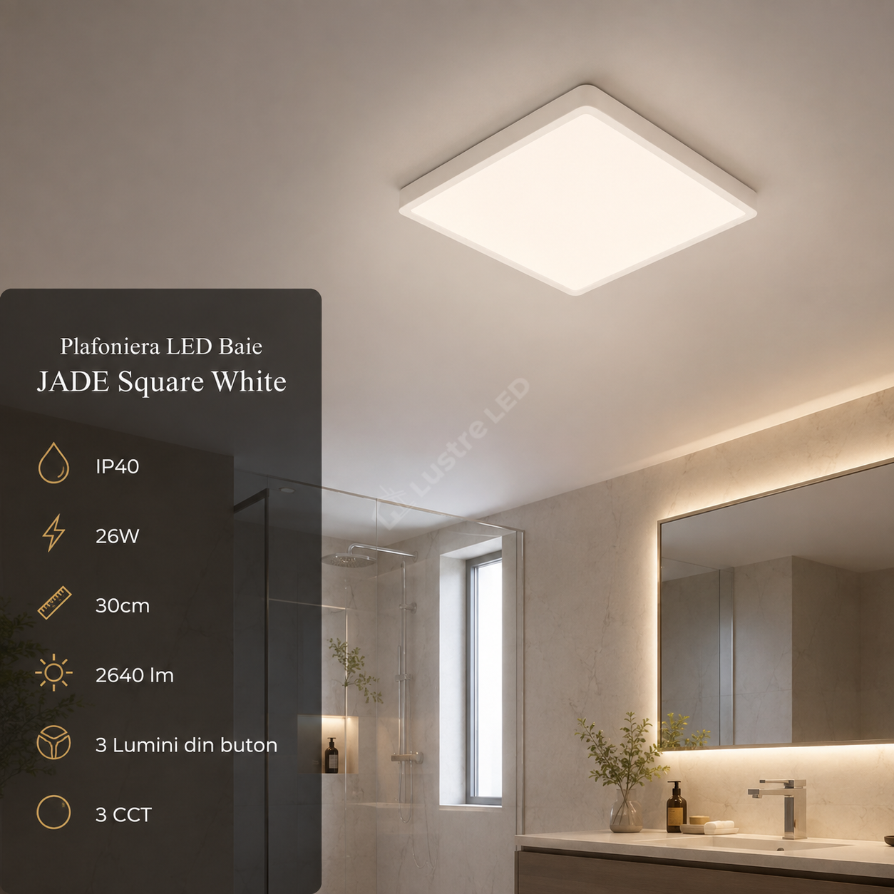 Plafoniera LED Baie JADE Square White IP40 26W 30cm 2640 lm 3 Lumini din buton