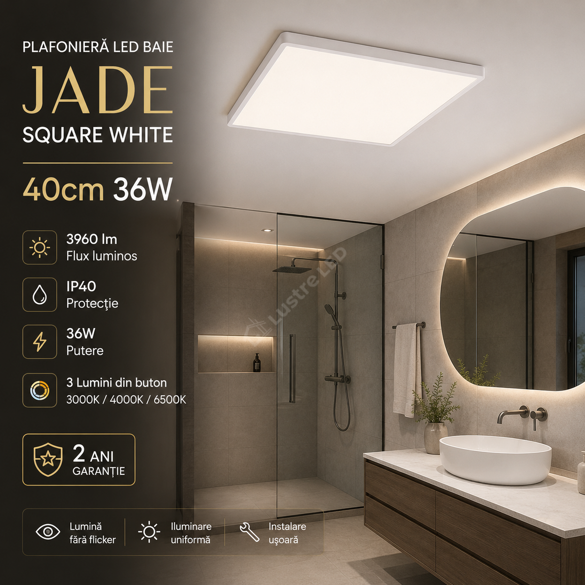 Plafoniera LED Baie JADE Square White IP40 36W 40cm 3960 lm 3 Lumini din buton