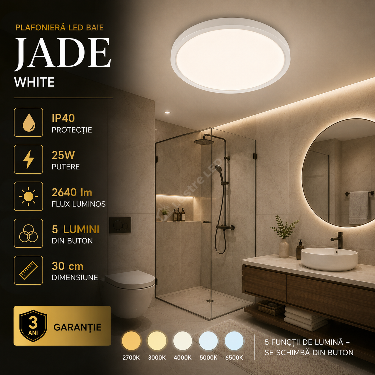Plafoniera LED Baie JADE White IP40 25W 30cm 2640 lm 5 Lumini din buton