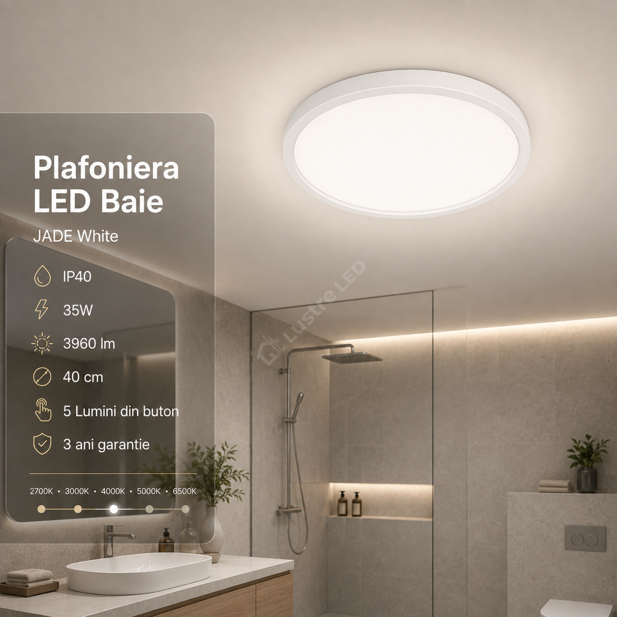 Plafoniera LED Baie JADE White IP40 35W 40cm 3960 lm 5 Lumini din buton