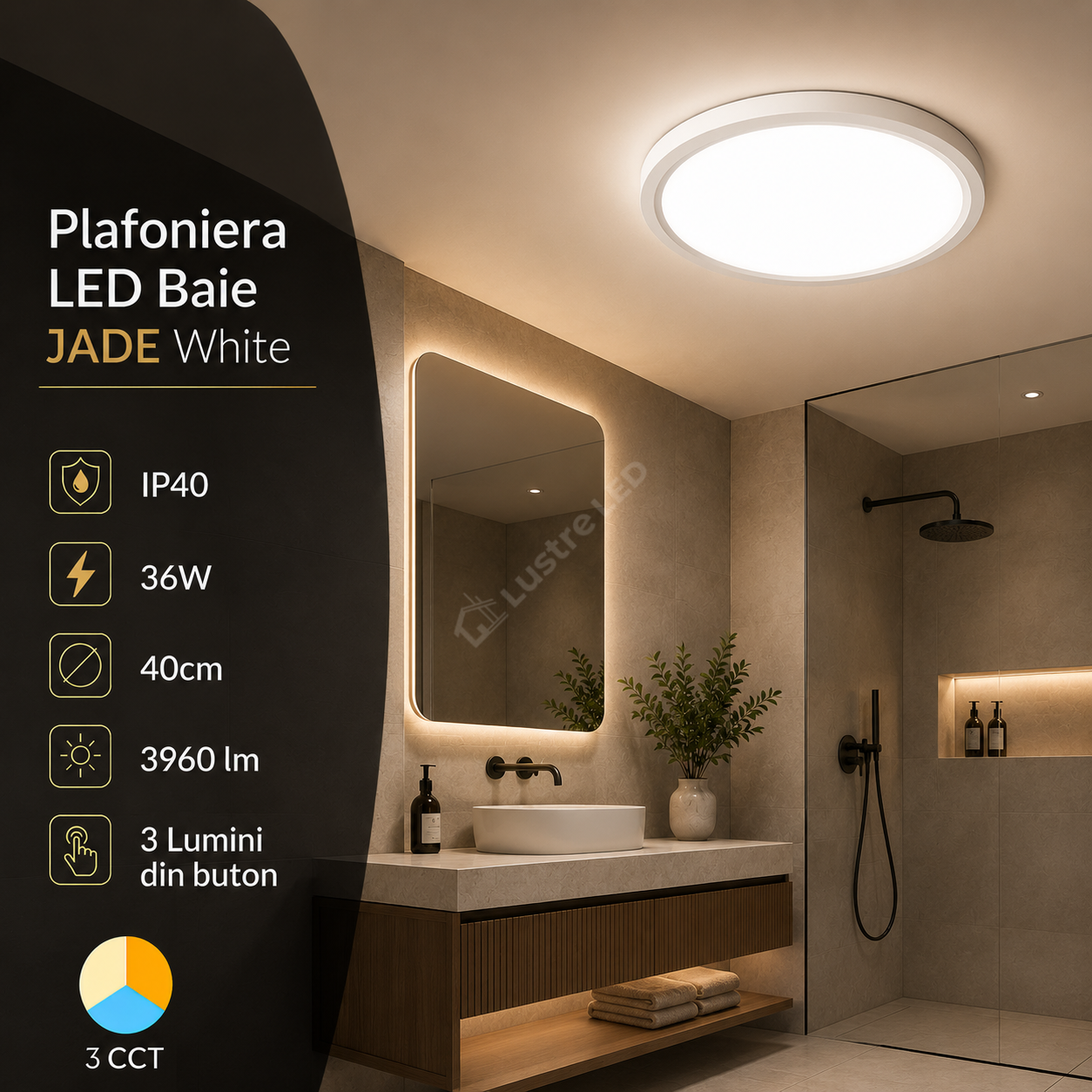 Plafoniera LED Baie JADE White IP40 36W 40cm 3960 lm 3 Lumini din buton