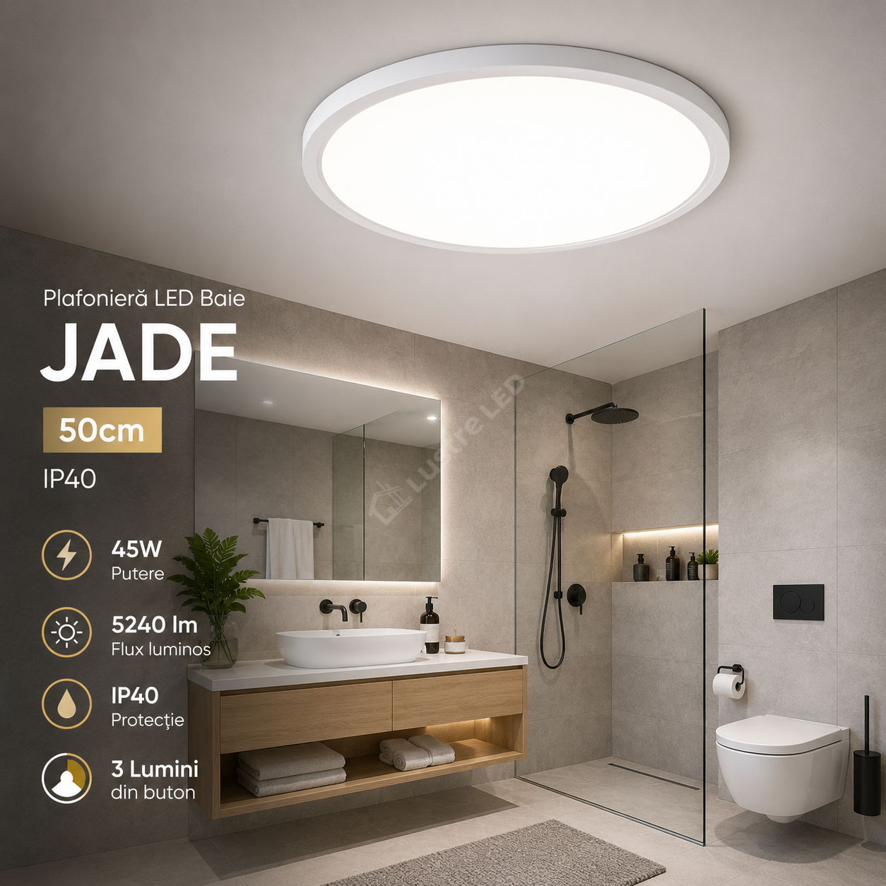 Plafoniera LED Baie JADE White IP40 45W 50cm 5240 lm 3 Lumini din buton