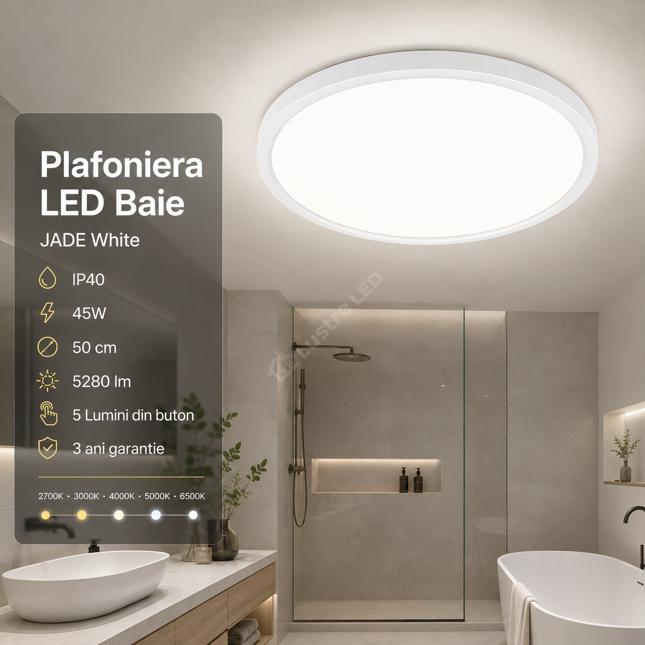 Plafoniera LED Baie JADE White IP40 45W 50cm 5280 lm 5 Lumini din buton