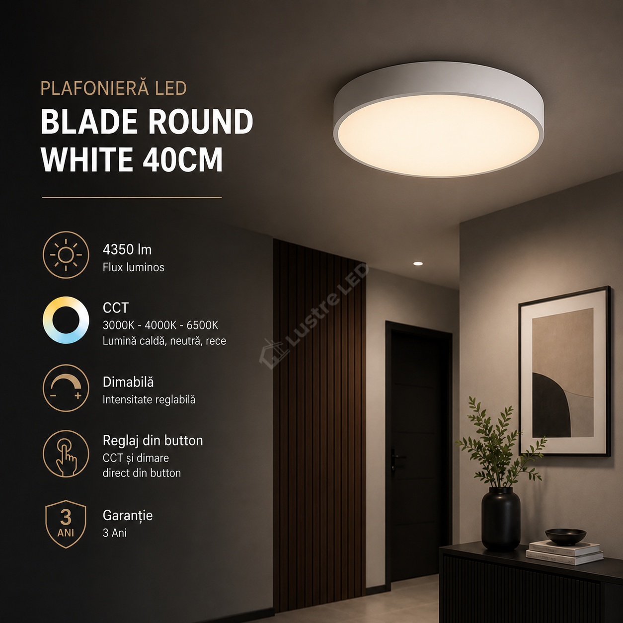 Plafoniera LED Blade Round White 40cm, 4350lm, CCT, Dimabila