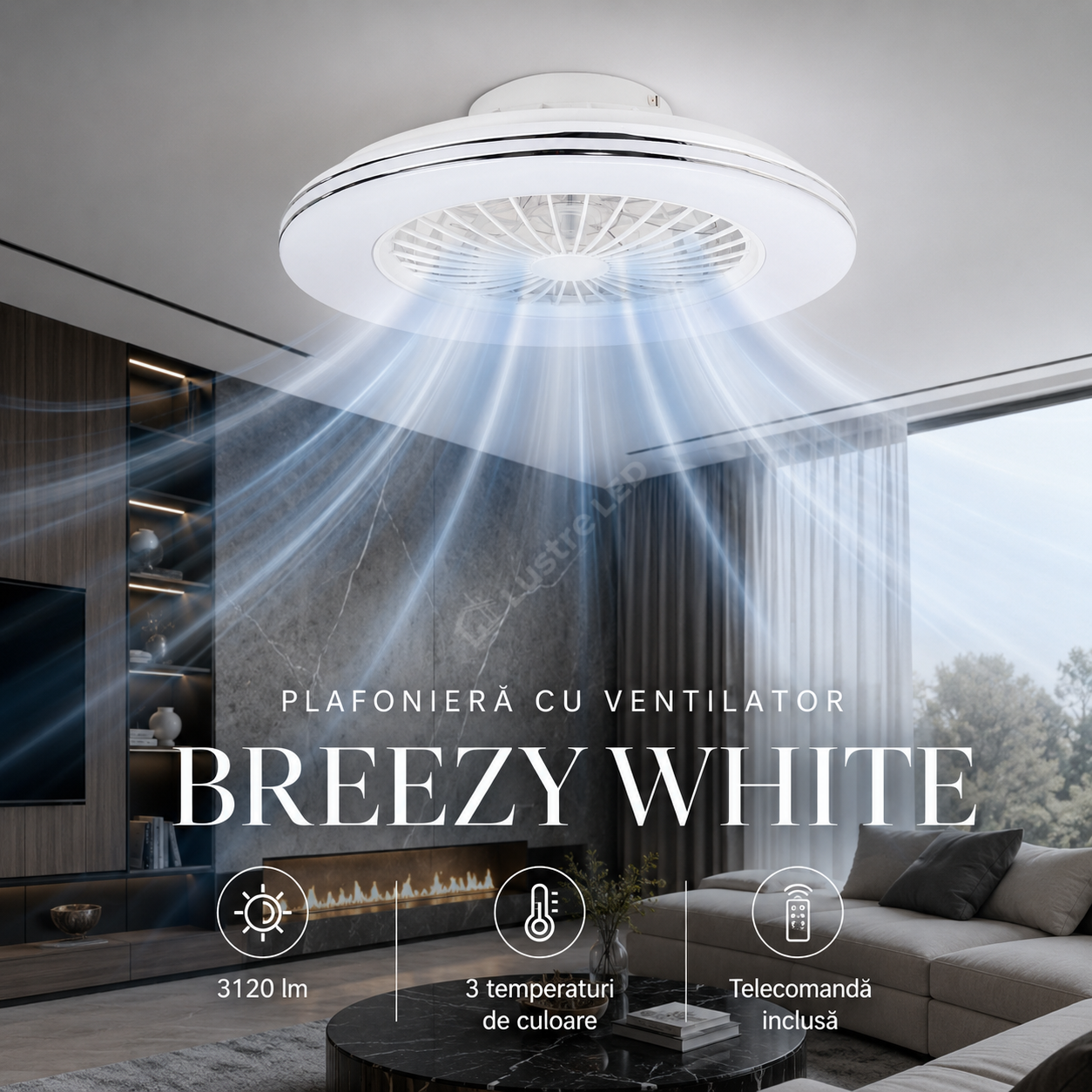 Plafoniera LED cu Ventilator BREEZY White 48W 49CM Echivalent 195W Telecomanda