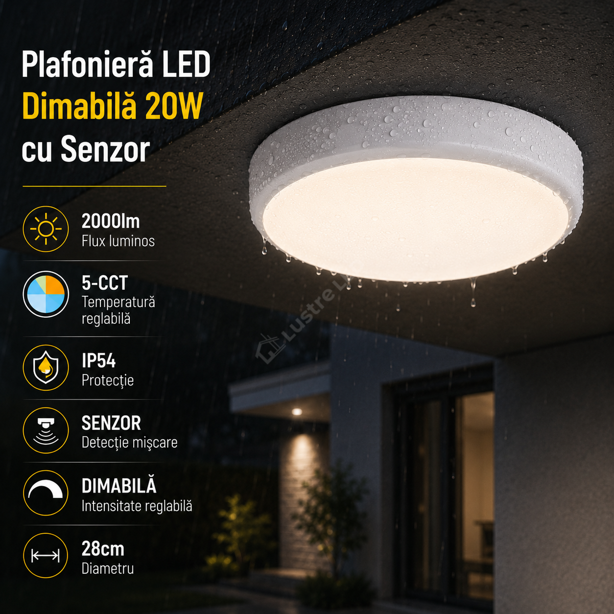 Plafoniera LED Dimabila 20W 2000lm 28cm 5-CCT IP54 cu Senzor